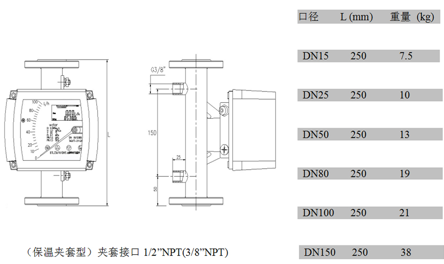 金屬管浮子流量計(jì)夾套型外形尺寸及重量